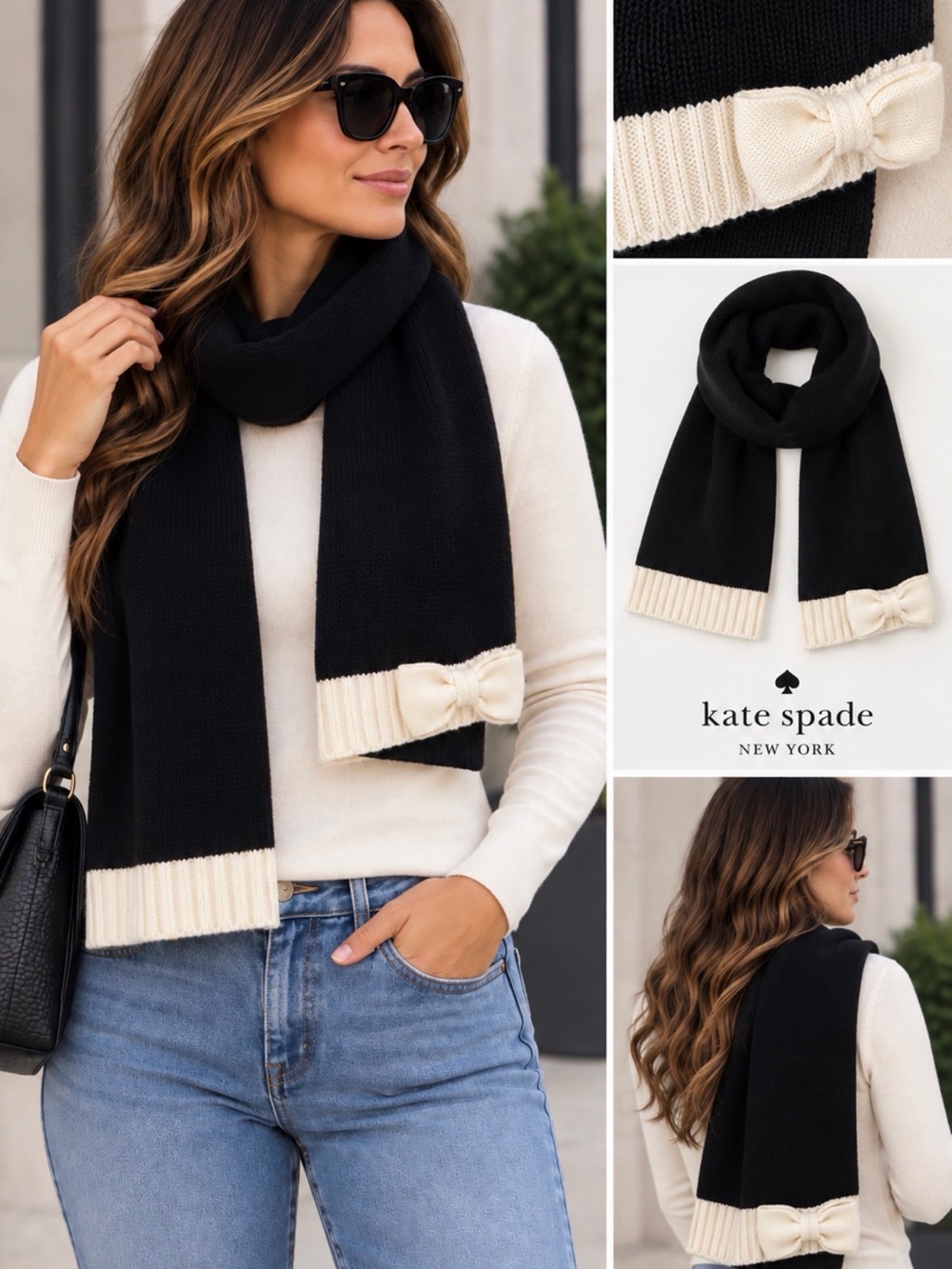 kate spade Black and Cream Bow-Trim Knit Scarf